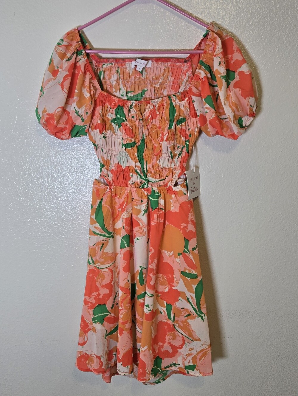 Meet Me In Santorini Dress Small Orange Floral Open Back Smocked Waist Tropical